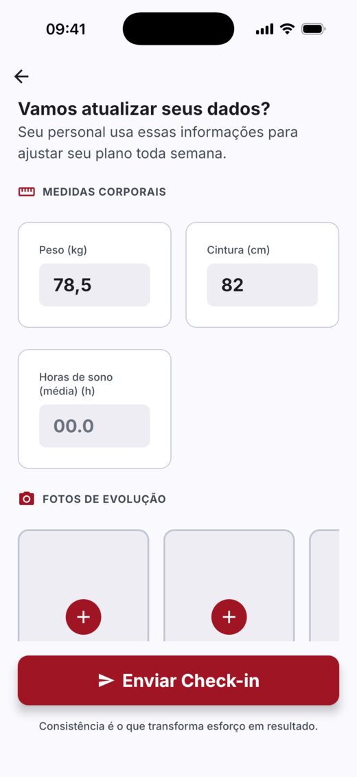 Tela de check-in do app TopShape com campos de peso, cintura, horas de sono e upload de fotos de evolução