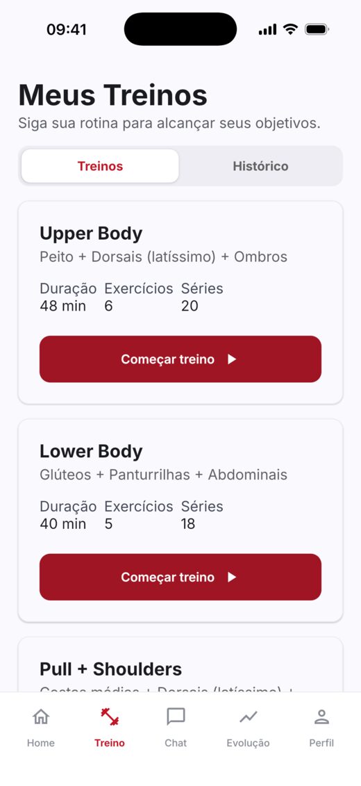 Tela Meus Treinos do app TopShape com a lista de treinos da semana, grupos musculares, duração e botão para começar o treino