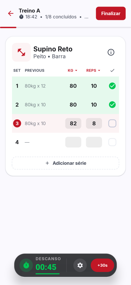 Execução do treino no app